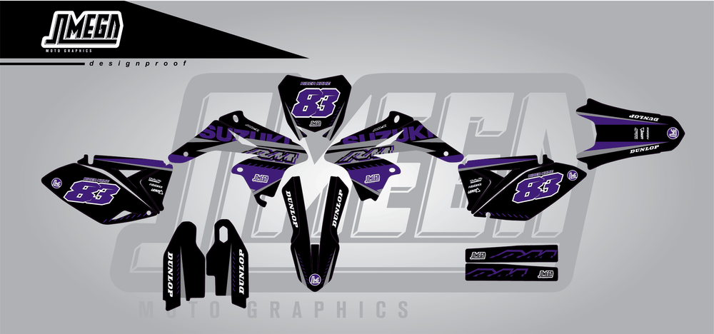 suzuki rmz 250 purple and black sticker kit flat lay