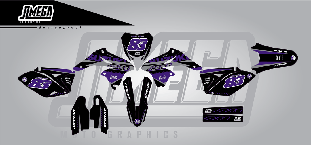 suzuki rmz 250 purple and black sticker kit flat lay