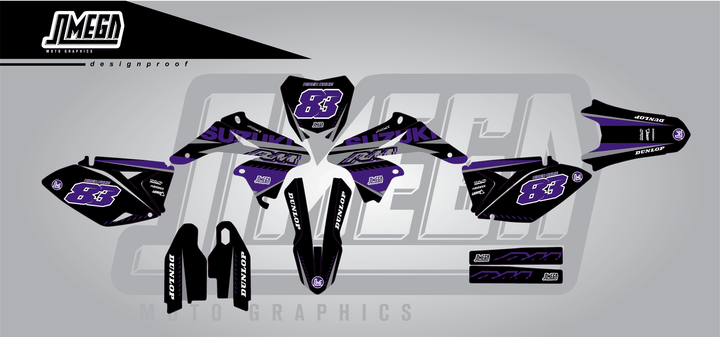 suzuki rmz 250 purple and black sticker kit flat lay