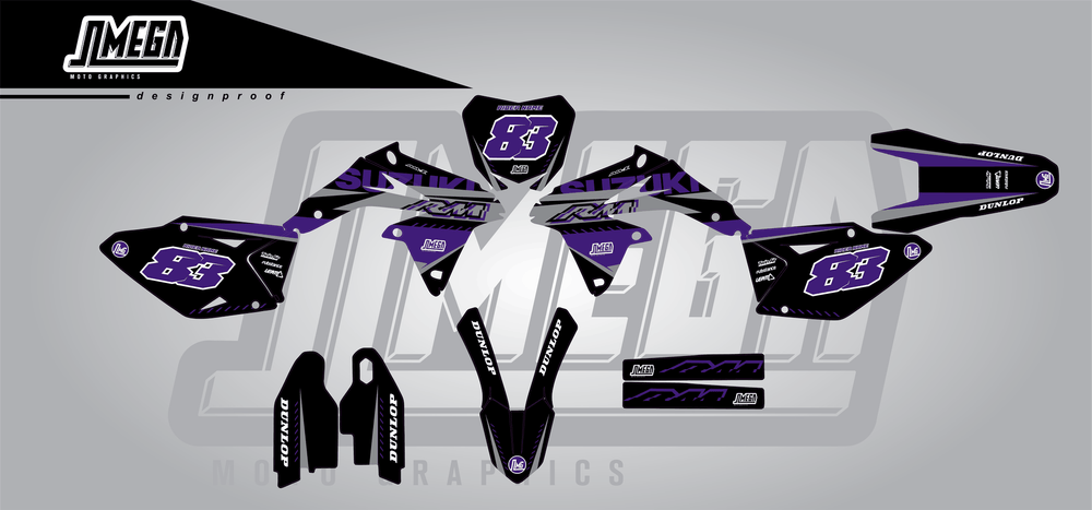 suzuki rmz 450 purple and black sticker kit flat lay