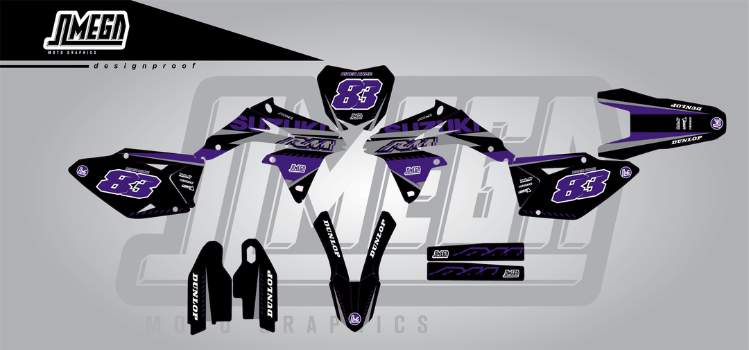 suzuki rmz 450 purple and black sticker kit flat lay