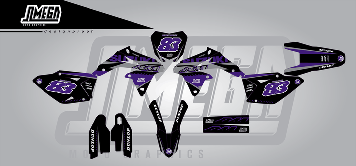 suzuki rmz 450 purple and black sticker kit flat lay