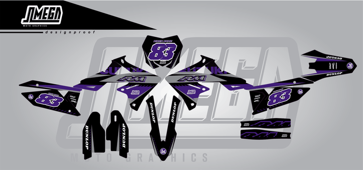 suzuki rmz 450 purple and black sticker kit flat lay
