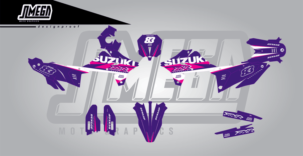 suzuki dr-z4s purple and pink sticker kit flat lay