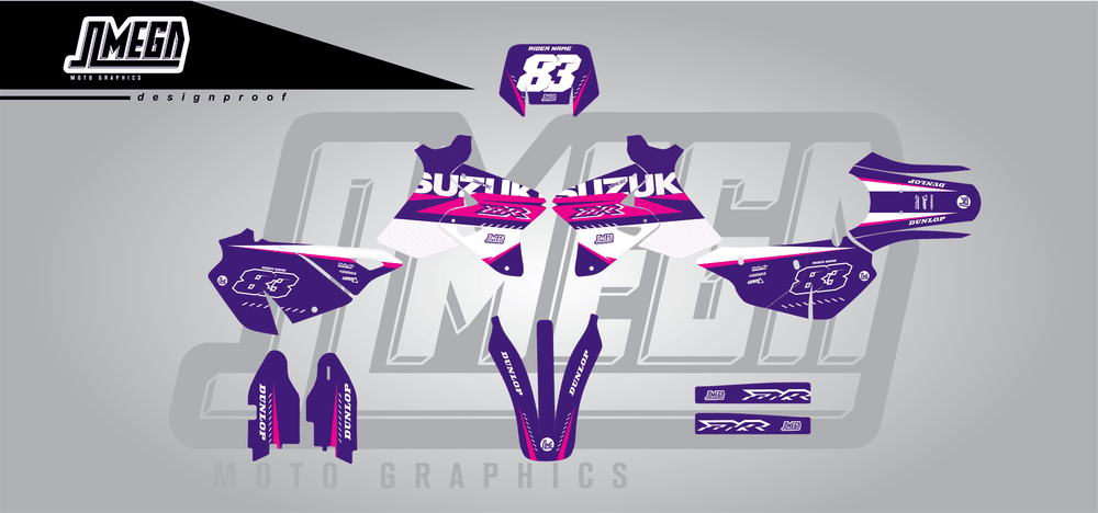suzuki drz 400s purple and pink sticker kit flat lay