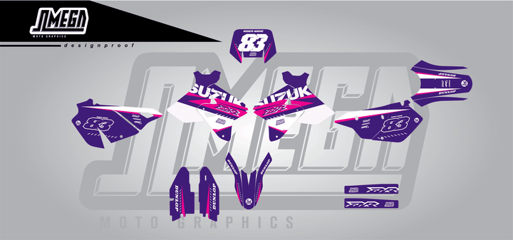 suzuki drz 400sm purple and pink sticker kit flat lay