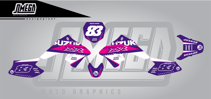 suzuki drz 70 purple and pink sticker kit flat lay