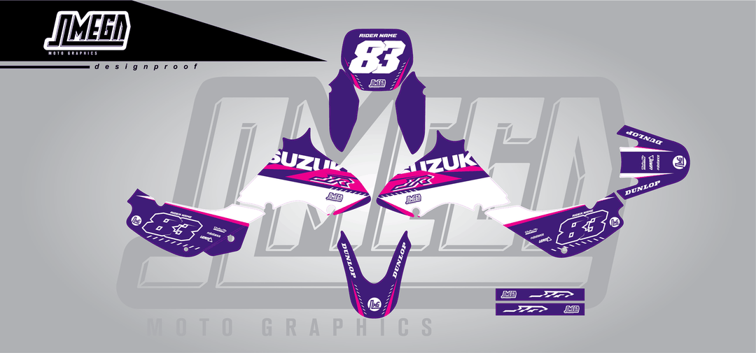 suzuki jr 80 purple and pink sticker kit flat lay
