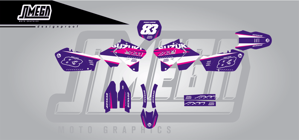 suzuki rm 125 purple and pink sticker kit flat lay