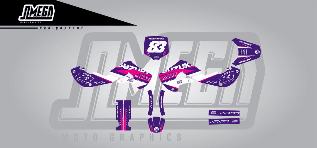 suzuki rm 65 purple and pink sticker kit flat lay