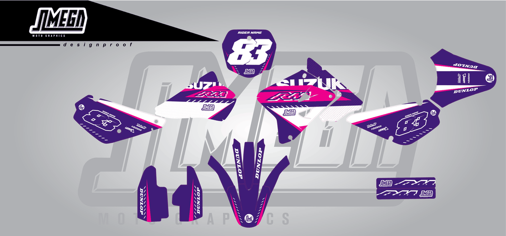 suzuki rm 85 purple and pink sticker kit flat lay
