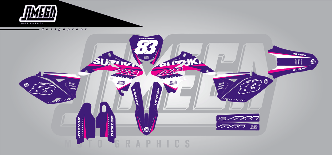 suzuki rmz 250 purple and pink sticker kit flat lay