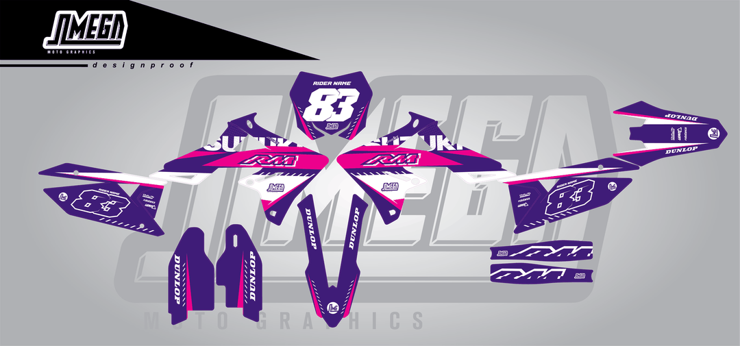 suzuki rmz 250 purple and pink sticker kit flat lay