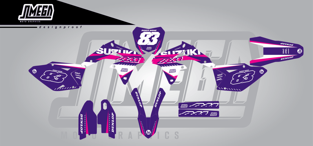 suzuki rmz 450 purple and pink sticker kit flat lay