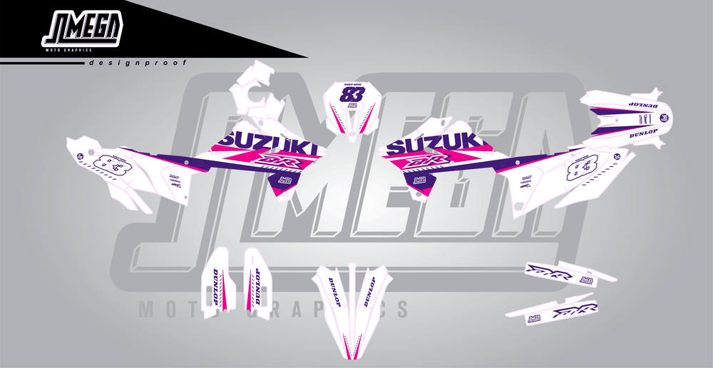 suzuki dr-z4s white and purple sticker kit flat lay