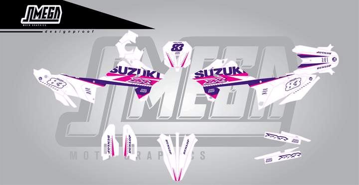 suzuki dr-z4s white and purple sticker kit flat lay