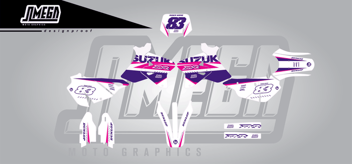 suzuki drz 400s white and purple sticker kit flat lay