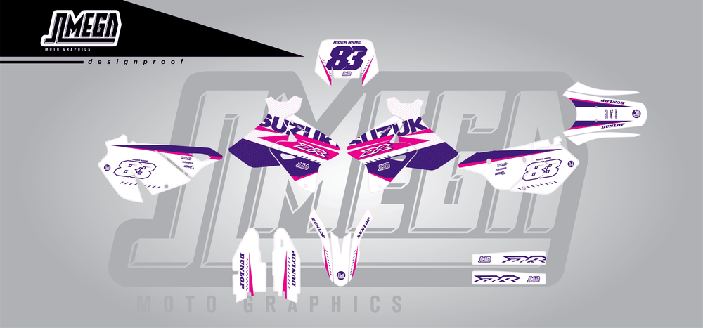 suzuki drz 400sm white and purple sticker kit flat lay