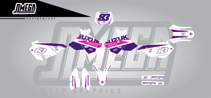 suzuki drz 400sm white and purple sticker kit flat lay