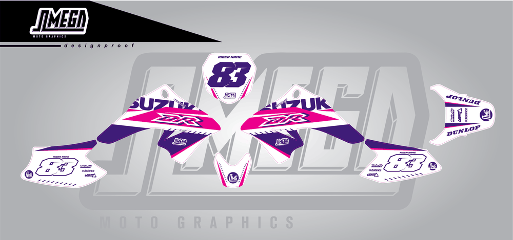 suzuki drz 70 white and purple sticker kit flat lay