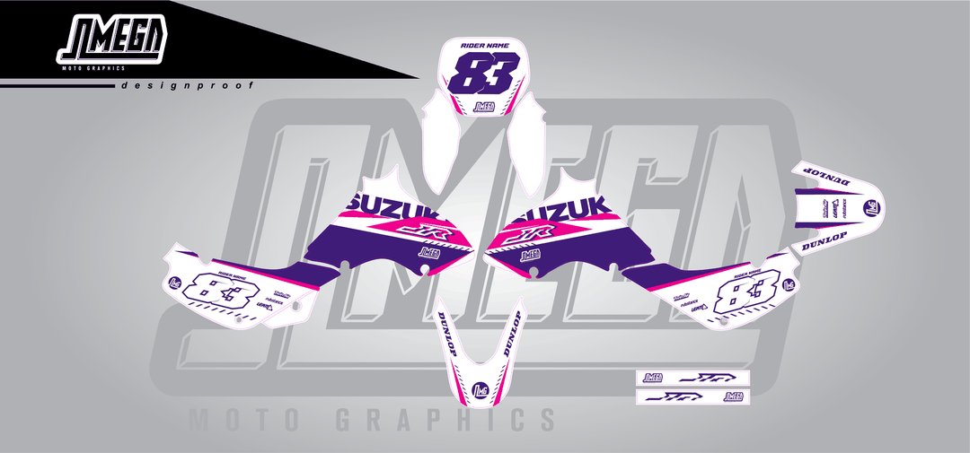 suzuki jr 80 white and purple sticker kit flat lay
