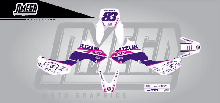 suzuki jr 80 white and purple sticker kit flat lay