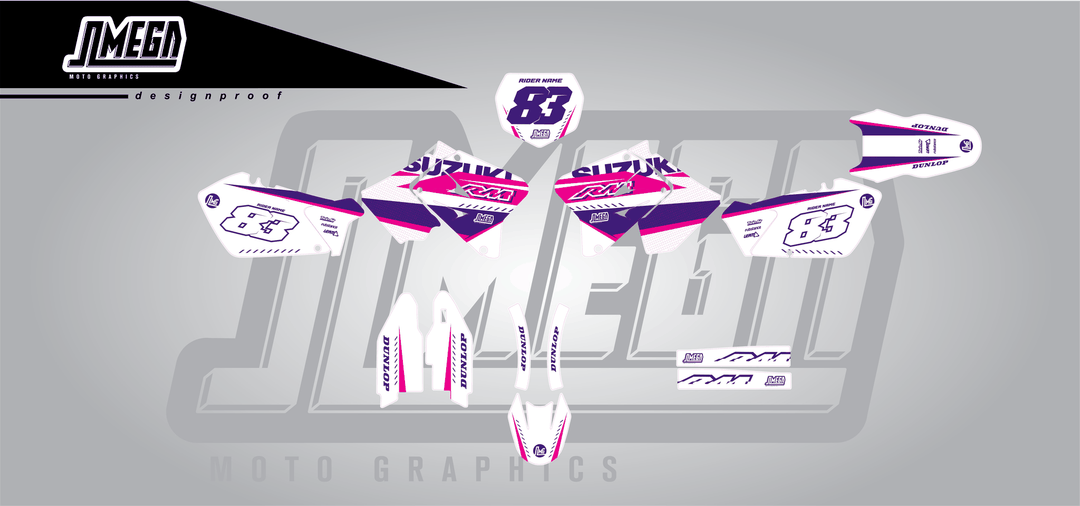 suzuki rm 125 white and purple sticker kit flat lay