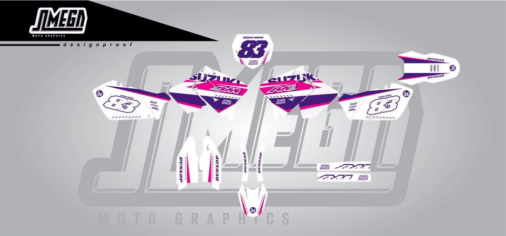 suzuki rm 250 white and purple sticker kit flat lay