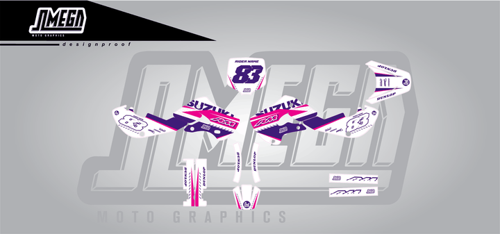 suzuki rm 65 white and purple sticker kit flat lay