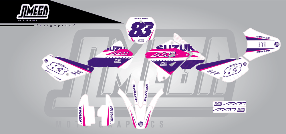 suzuki rm 85 white and purple sticker kit flat lay