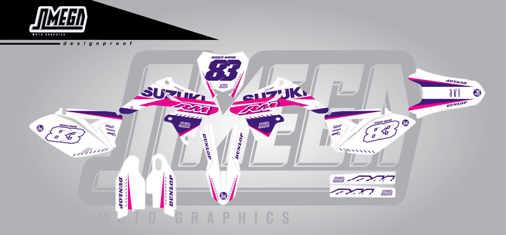 suzuki rmz 250 white and purple sticker kit flat lay