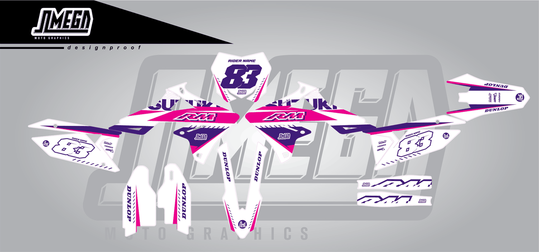 suzuki rmz 250 white and purple sticker kit flat lay