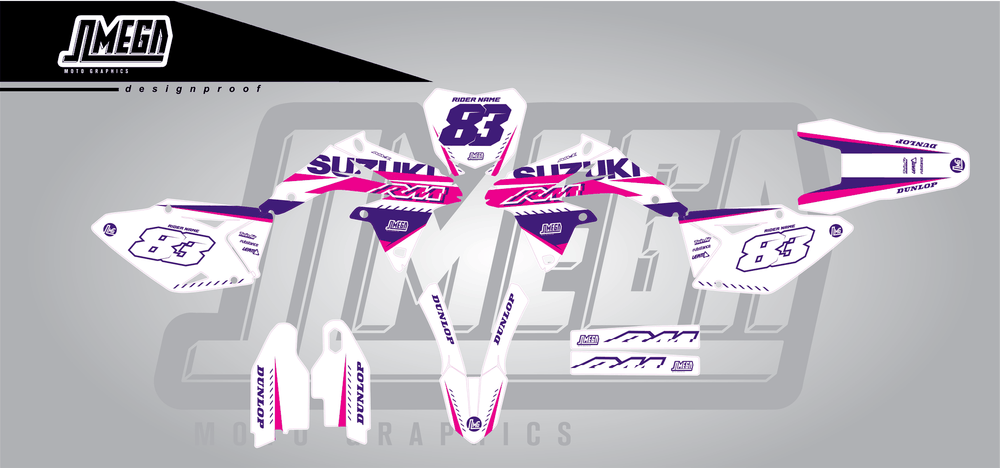 suzuki rmz 450 white and purple sticker kit flat lay