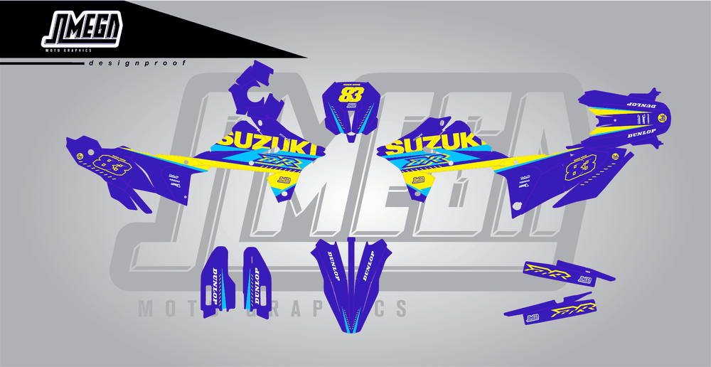 suzuki dr-z4s blue and yellow sticker kit flat lay