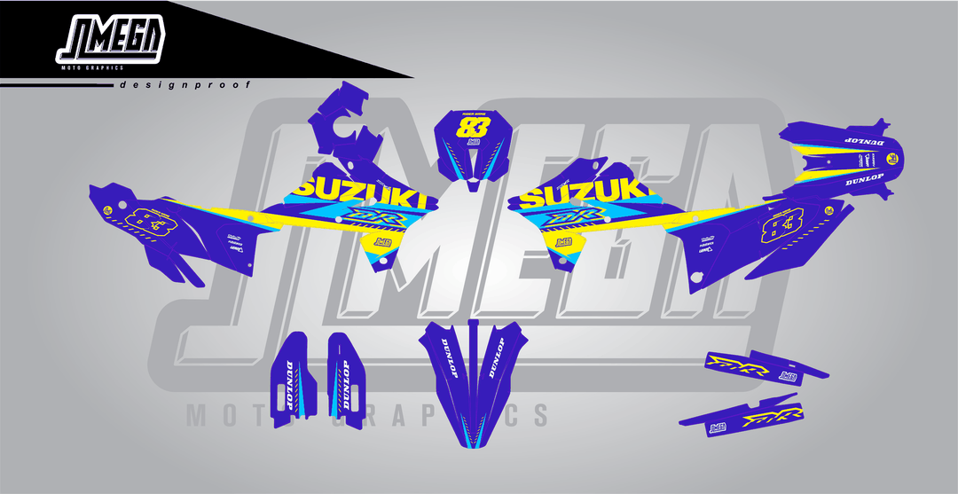 suzuki dr-z4s blue and yellow sticker kit flat lay