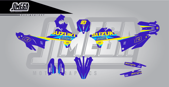 suzuki dr-z4s blue and yellow sticker kit flat lay