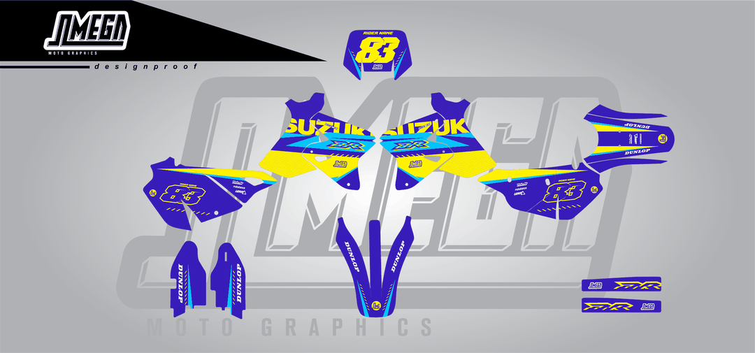 suzuki drz 400s blue and yellow sticker kit flat lay