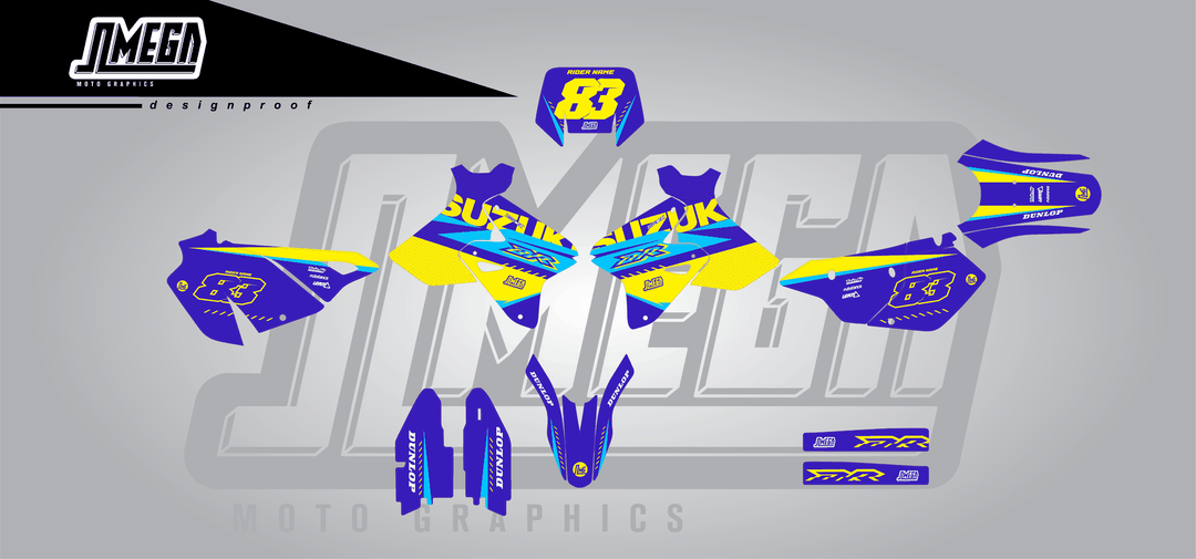 suzuki drz 400sm blue and yellow sticker kit flat lay
