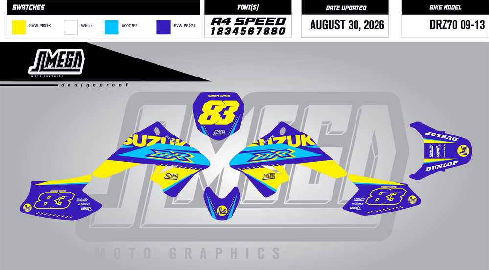suzuki drz 70 blue and yellow sticker kit flat lay