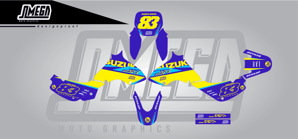 suzuki jr 80 blue and yellow sticker kit flat lay