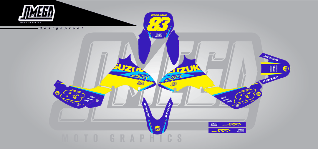 suzuki jr 80 blue and yellow sticker kit flat lay