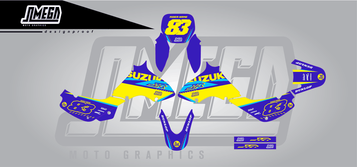 suzuki jr 80 blue and yellow sticker kit flat lay