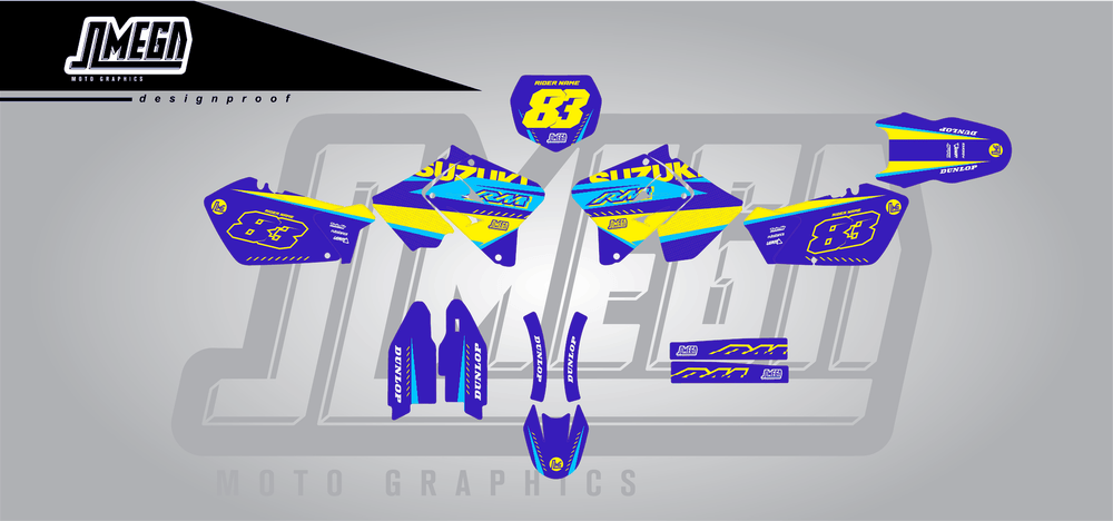 suzuki rm 125 blue and yellow sticker kit flat lay