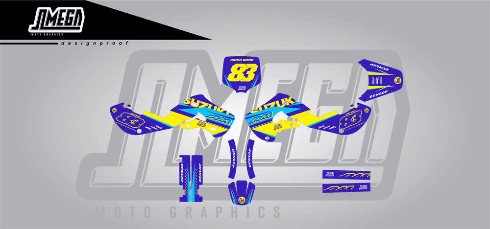 suzuki rm 65 blue and yellow sticker kit flat lay