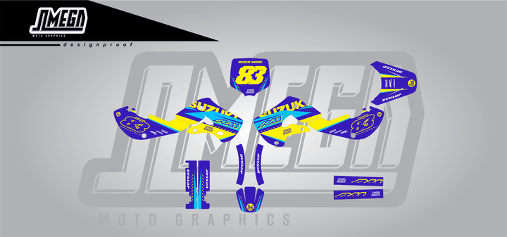 suzuki rm 65 blue and yellow sticker kit flat lay