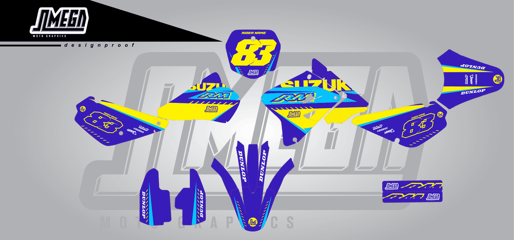 suzuki rm 85 blue and yellow sticker kit flat lay