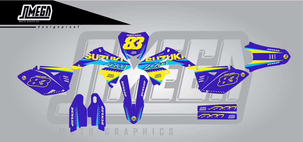 suzuki rmz 250 blue and yellow sticker kit flat lay