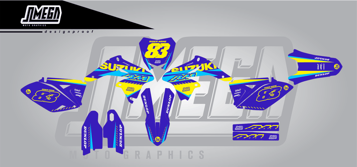 suzuki rmz 250 blue and yellow sticker kit flat lay