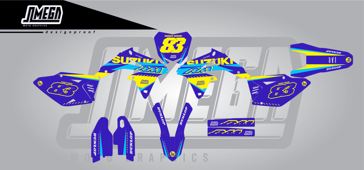 suzuki rmz 450 blue and yellow sticker kit flat lay