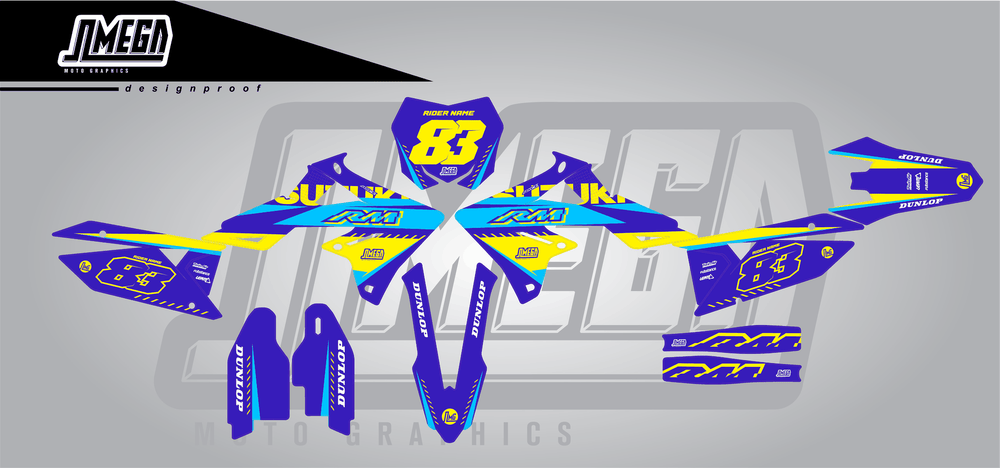 suzuki rmz 450 blue and yellow sticker kit flat lay